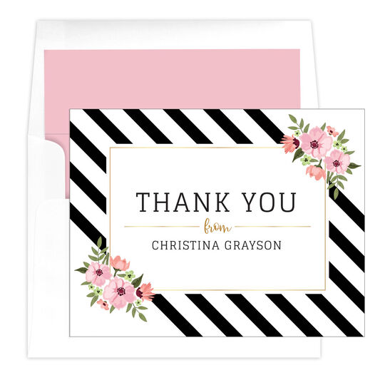 Faux Gold Floral Stripes Folded Thank You Note Cards